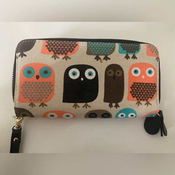 Colorful coral, teal, brown, white, black owl wallet - Picture 3 of 3